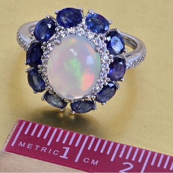 925 Sterling Silver Ring with Natural White Opal 8x10mm & Sapphire Gems - Picture 12 of 15